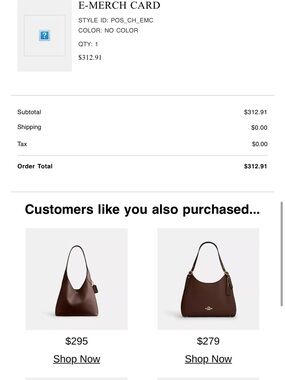 Coach merchandise credit $313 for $260